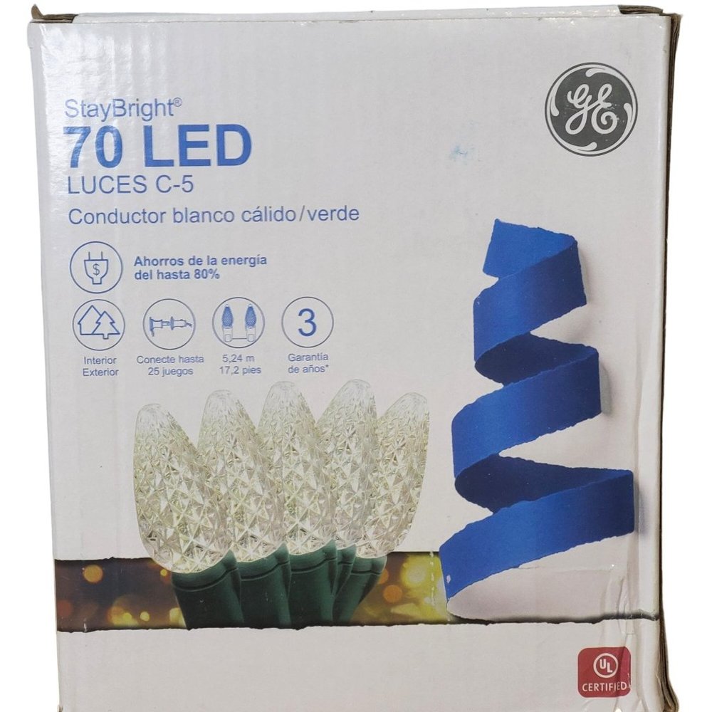 GE StayBright LED C-5 Lights Warm White - Green Wire 70ct, NEW OPEN BOX